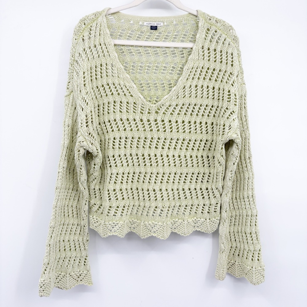 American Eagle Womens Open Knit Boho Coastal V-Neck Beach Coverup Sweater Size M